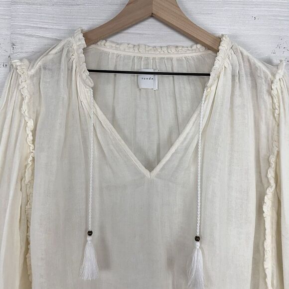 Sundays Summerton Peasant Top Blouse Size 10 Ivory Gauze Tassel V Neck Ruffle - Picture 3 of 16